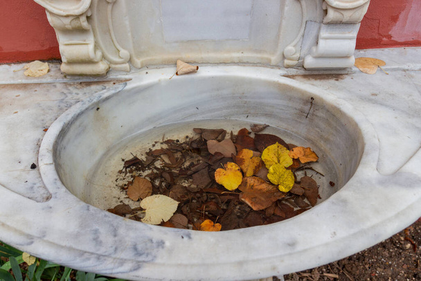 Vecchie foglie autunnali giacciono in acqua nel lavabo esterno in marmo. Tristezza e scoraggiamento - Foto, immagini