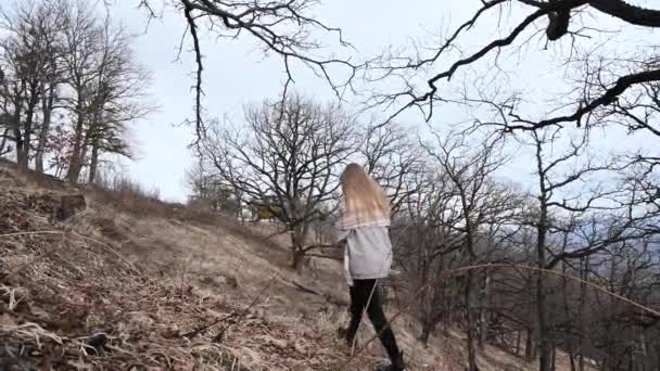Paysage montagneux. Une fille marchant près des chênes. Plateau Lago-Naki. Adygea, Russie - Séquence, vidéo