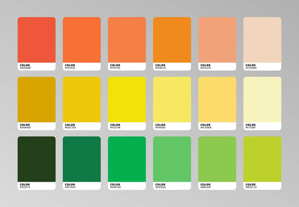 Conjunto de muestras de paleta de colores modernos. Muestras de catálogo de color verde amarillo naranja de moda. Ilustración vectorial - Vector, Imagen