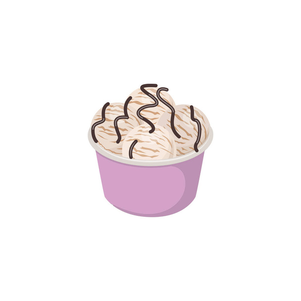 Vanilla ice cream scoops with chocolate drizzle in paper cup - Vector, Image