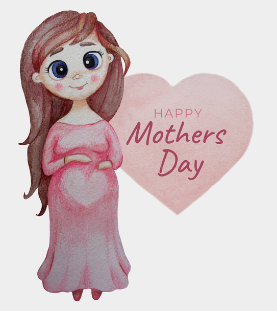 Anyaság. Aranyos, boldog terhes nő hosszú hajjal, gyengéd rózsaszín hosszú ruhában. A háttérben van egy szív felirattal - Boldog Anyák Napját. Vízfesték. Kézrajz Képeslapokhoz - Fotó, kép