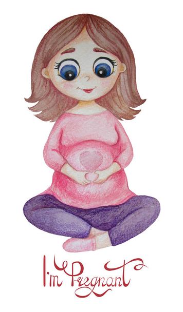 Leuke vrolijke zwangere vrouw in roze zit met haar handen op haar buik in de vorm van een hart. Witte achtergrond met de inscriptie - Ik ben zwanger. Aquarel. Voor ontwerp, decoratie, ansichtkaarten en bedrukking - Foto, afbeelding