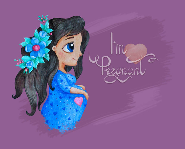A cute pregnant girl with long hair in a blue dress with flowers and with the inscription - I am pregnant on a purple background. Beautiful happy expectant mother gently hugs her belly. Watercolor  - Photo, Image