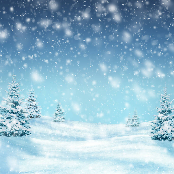 téli táj havas hegyekben világít a reggeli napfény. Drámai téli jelenet fagyott havas fákkal. Karácsonyi ünnepi háttér. Hóvihar a hegyekben. - Fotó, kép