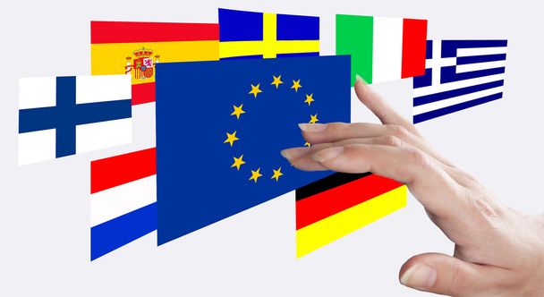 κατεύθυνση δάχτυλα στη σημαία της ΕΕ - Φωτογραφία, εικόνα