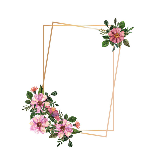 Zlatý rám s akvarelem lisované a sušené květiny na bílém pozadí. Šablona pro svatební obřad, minimální pozvánka, ozdobný letní prapor - Fotografie, Obrázek