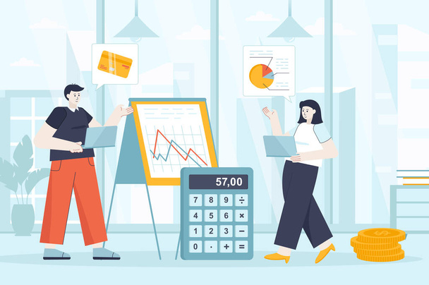 Financial management concept in flat design. Employees work in office scene. Man and woman analysis data graphics, accounting, investment. Vector illustration of people characters for landing page - Vector, Image