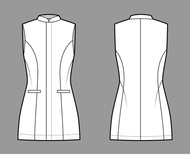 Long vest waistcoat technical fashion illustration with fitted body, sleeveless, stand collar, hide closure, welt pocket - Vector, Image