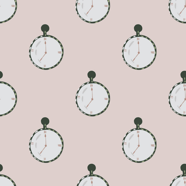 Pale tones seamless pattern with stopwatch timer elements. Pink background. Technology doodle ornament. Decorative backdrop for fabric design, textile print, wrapping, cover. Vector illustration. - Wektor, obraz
