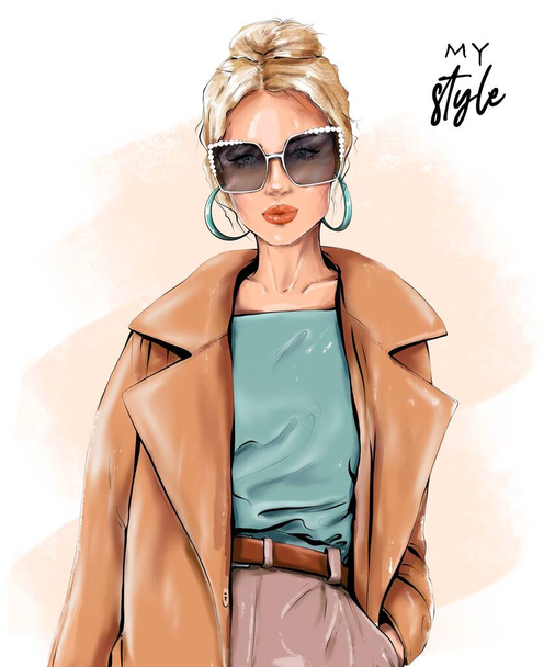 Fashion blond hair woman. Beautiful girl in sunglasses. Stylish girl in coat. Fashion illustration. - Foto, afbeelding