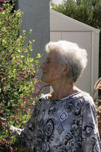 профиль пожилой женщины с короткими седыми волосами. Взрослая женщина чувствует запах цветов в саду своего дома. Женщина одна, и на ней чёрно-белая футболка. День солнечный, так что естественный солнечный свет силен. - Фото, изображение