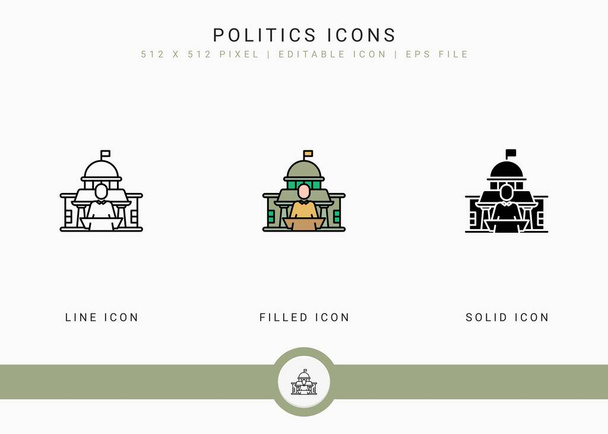 Politics icons set vector illustration with solid icon line style. Government public election concept. Editable stroke icon on isolated background for web design, user interface, and mobile app - Wektor, obraz