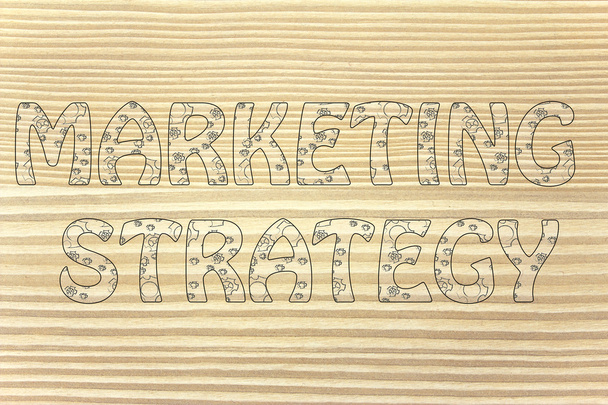marketing strategy writing with glowing gearwheels pattern - Photo, Image
