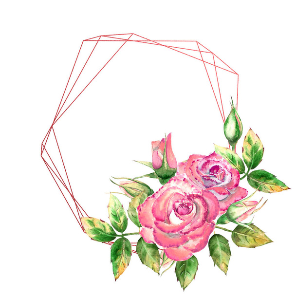 The geometric frame is decorated with flowers. Pink roses, green leaves, open and closed flowers. Delicate watercolor illustration - Foto, Imagem
