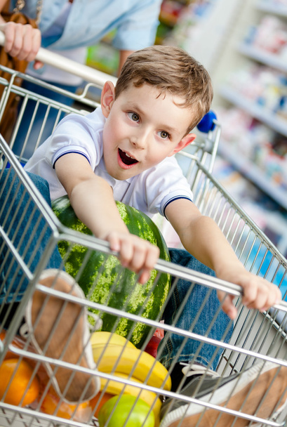 Boy sits in the cart with watermelon - Photo, Image