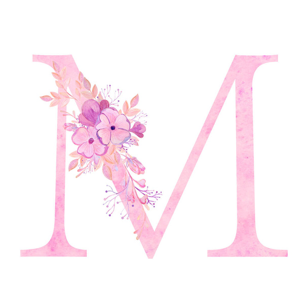 Rózsaszín levelek virágokkal. Romantikus, finom akvarell betűtípus. - Fotó, kép