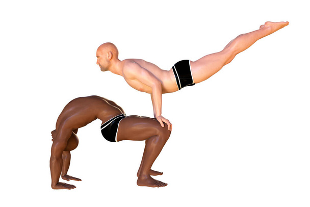 Posizione avanzata di yoga del partner. Yoga di coppia. Illustrazione 3D che mostra due uomini, dalla pelle scura e bianca, che fanno esercizi di yoga - Foto, immagini