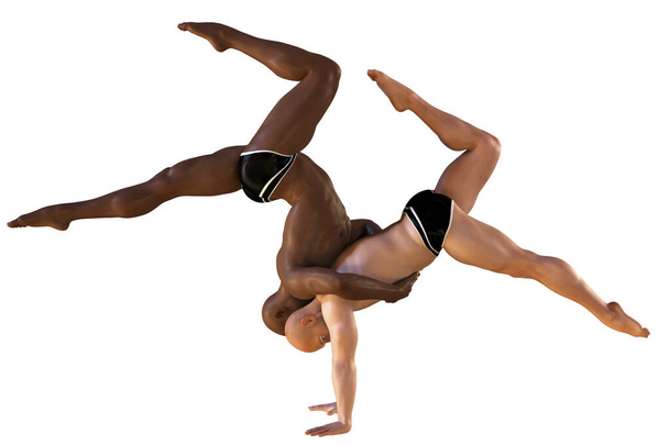 Advanced partner yoga pose. Couples yoga. 3D illustration showing two men, dark-skinned and white-skinned, doing yoga exercises - Photo, image