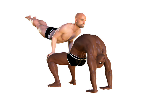 Zaawansowana pozycja partnera do jogi. Joga dla par. Ilustracja 3D pokazująca dwóch mężczyzn o ciemnej skórze i białej skórze, ćwiczących jogę - Zdjęcie, obraz