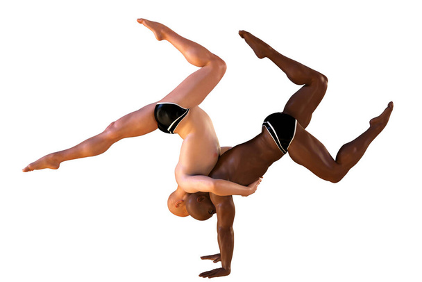 Позиція просунутого партнера йоги. Пара йога. 3D ілюстрація, що показує двох чоловіків, темношкірих і білошкірих, роблять вправи на йогу
 - Фото, зображення