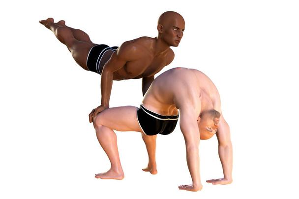 Gelişmiş partner yoga pozu. Çiftler yogası. Üç boyutlu resimde, koyu tenli ve beyaz tenli iki adam yoga egzersizleri yapıyor. - Fotoğraf, Görsel