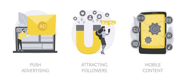 Internet promotion abstract concept vector illustration set. Push advertising, attracting followers, mobile content, follow social media page, digital marketing strategy, promotion abstract metaphor. - Вектор,изображение