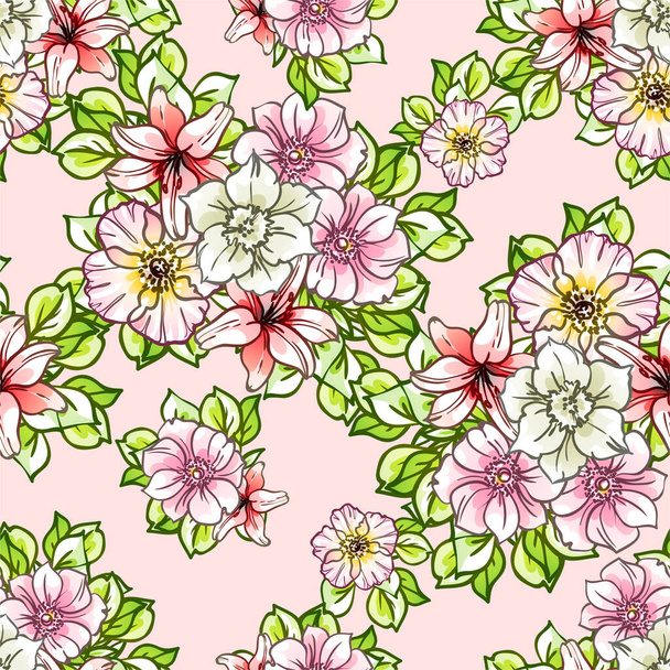 vector seamless pattern with colorful flowers. design for textile and scrapbook - Vector, imagen