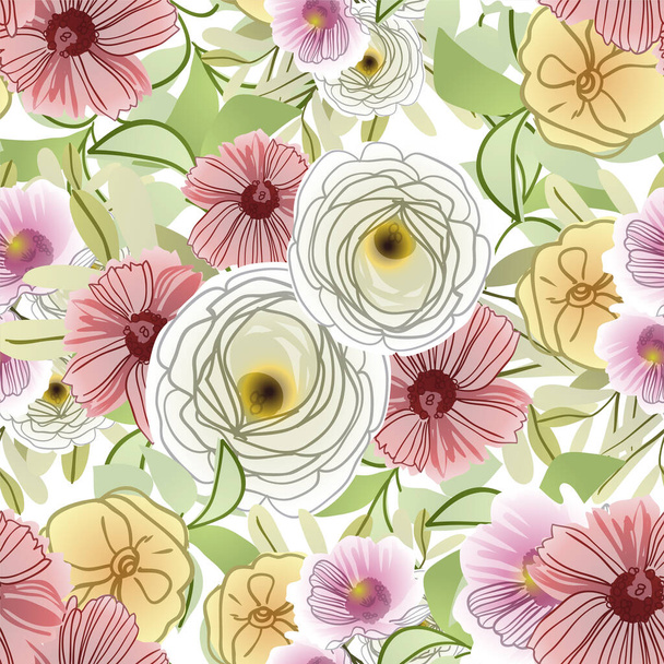 vector seamless pattern with colorful flowers. design for textile and scrapbook - Vektor, kép