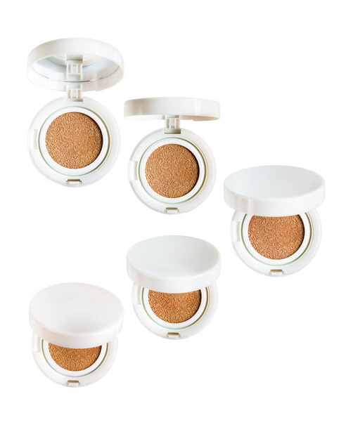 Set of 5 Foundation cushion powder with various open lids. Cosmetic face powder isolated on white background - Photo, Image
