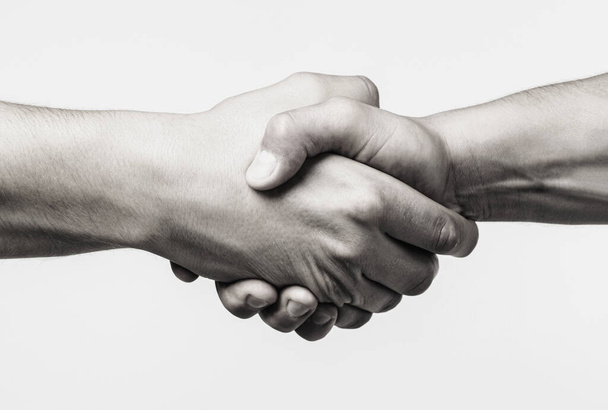 Handshake, arms friendship. Friendly handshake, friends greeting, teamwork, friendship. Close-up. Rescue, helping gesture or hands. Strong hold. Two hands, helping hand of a friend. Black and white - Photo, image