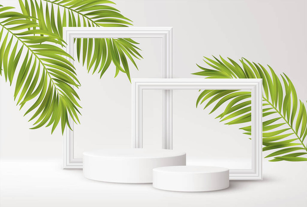 Podio de producto blanco realista con marcos blancos y hojas verdes de palma tropical aisladas sobre fondo blanco. Fondo en blanco para la publicidad de productos. Ilustración vectorial - Vector, Imagen