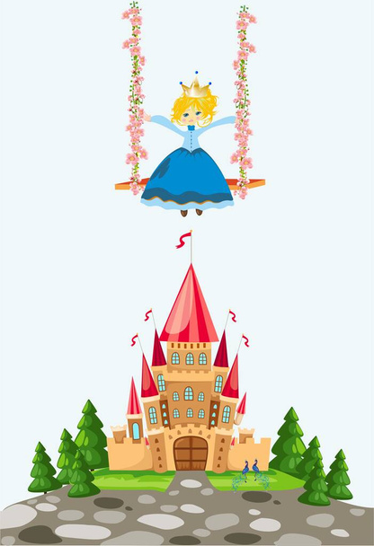 παραμυθένια σύνθεση με ένα κάστρο και μια πριγκίπισσα σε μια κούνια  - Διάνυσμα, εικόνα