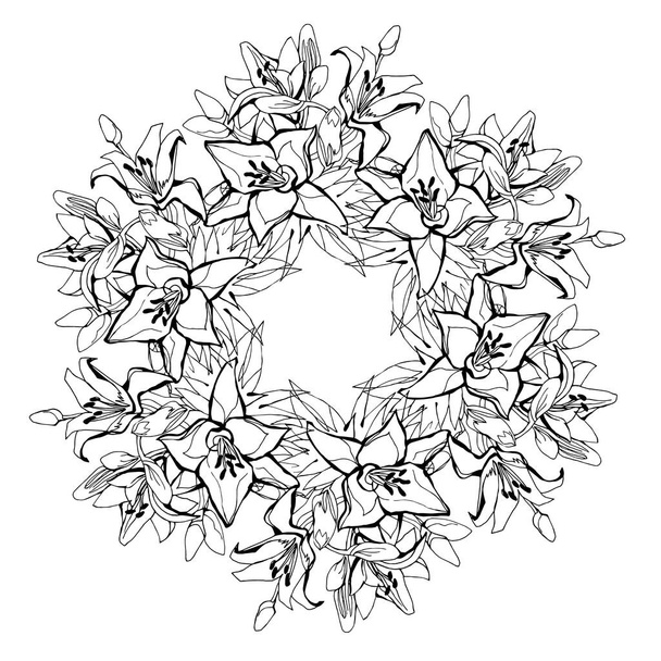 Monochrome wreath of Lily flowers in circle shape isolated on white - Vektör, Görsel