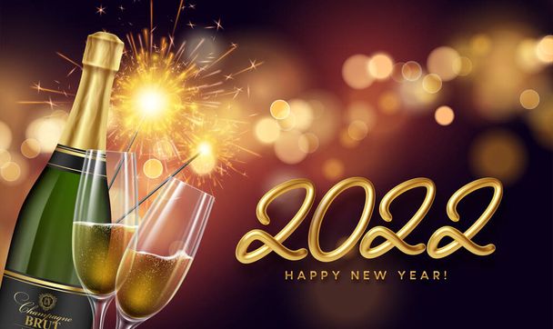 Happy new year 2022 illustration with golden realistic number 2022, glasses of champagne and fireworks sparks. Gold sequin blur bokeh background. Vector illustration - Vector, Image