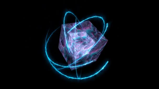 cubo computer quantistico astratto milioni di particelle palla big data tecnologia digitale blu magenta tono forma d'onda e atomo in movimento - Filmati, video