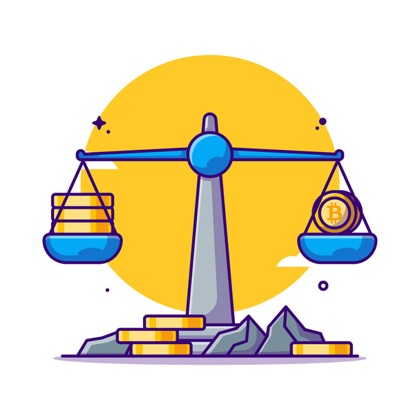 Balance Scale Bitcoins Vector Cartoon Illustration. Mining Bitcoin Icon Concept White Isolated. Flat Cartoon Style Suitable for Web Landing Page, Banner, Sticker, and Background - Vector, Image