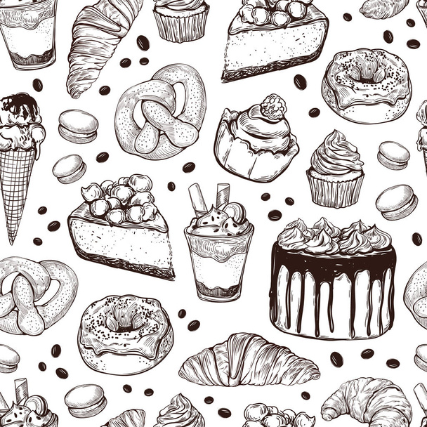 Hand-drawn sketch-style dessert seamless pattern. Different kinds of pastry sweets on white background. Cakes, tarts, pie slices, pretzel, ice cream, donuts, cheesecake, macaroons, buns and other testy bakery products - Vector, Image