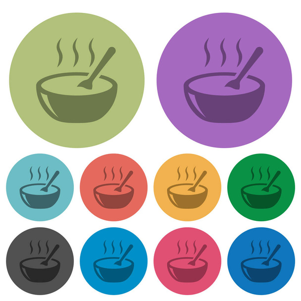 Glänzend dampfende Schüssel Suppe mit Löffel dunklere flache Symbole auf rundem Hintergrund - Vektor, Bild