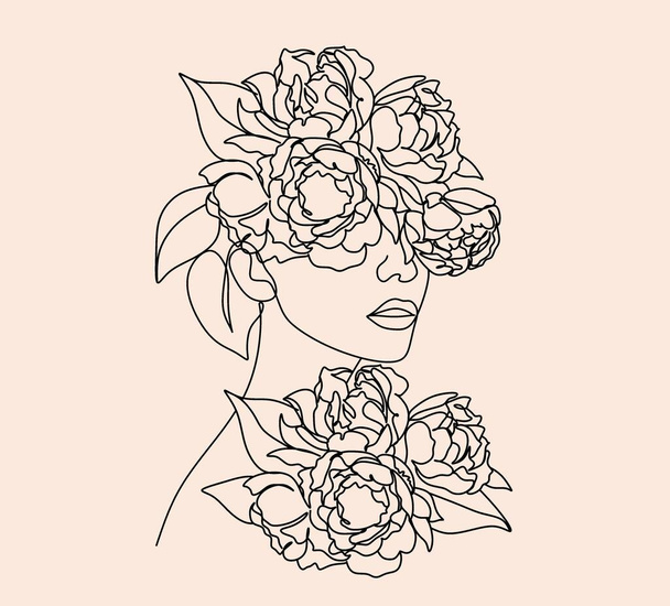 Abstract face with flowers by one line drawing. Portrait minimalistic style. Botanical print. Nature symbol of cosmetics. Modern continuous line art. Fashion print. Canvas Print - Vektor, obrázek
