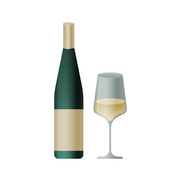 Green Bottle with Light Label and Glass with Liquid on White Background. Modern Vector Illustration. Social Media Ads. - Vektör, Görsel