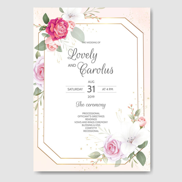 水彩を背景にした美しい花の結婚式招待状カードテンプレート - ベクター画像
