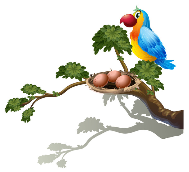 Duża gałąź drzewa z gniazdo i ptak - Wektor, obraz