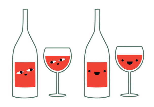 Vector illustration with wine bottles and glasses with faces. Funny print set, home decoration poster designs. - ベクター画像