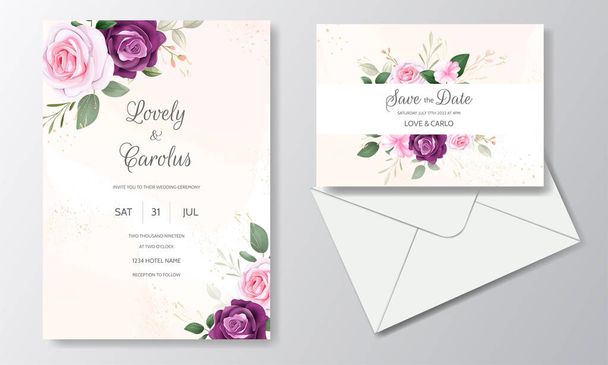 Wedding invitation card template set with beautiful floral leaves - Vector, Image