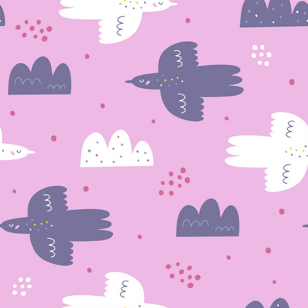 Seamless pattern with birds and clouds. Creative kids texture for fabric, wrapping, textile, wallpaper, apparel. Vector illustration - Vektor, obrázek