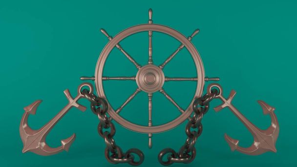 3D візуалізація якоря і корабельного колеса з зеленим синім кольором фонового зображення
. - Фото, зображення