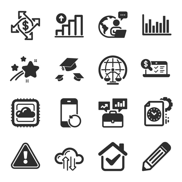 Set of Education icons, such as Cloud sync, Throw hats, Online accounting symbols. Bar diagram, Recovery phone, Business portfolio signs. Project deadline, Pencil, Magistrates court. Vector - Vetor, Imagem