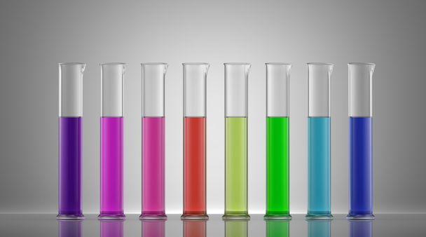 Chemistry laboratory glassware with colour liquids in them. - Фото, зображення
