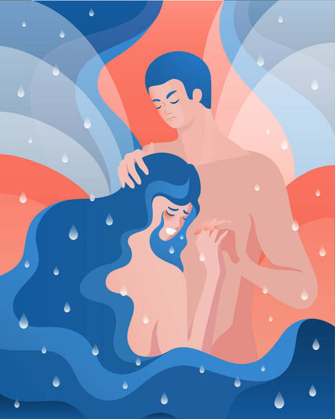 Le jeune homme réconforte la femme qui pleure. Soutien en couple. Affiche ondulée, palette corail et marine - Vecteur, image