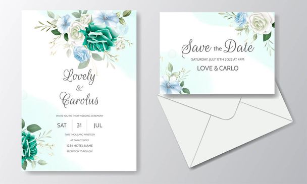 Beautiful Floral Wedding Invitation with Blooming Roses and Green Leaves - Vector, Image